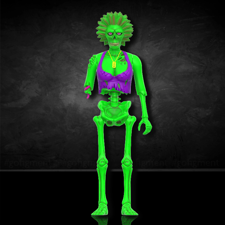 Super7 Blacklight Female Zombie action figure from Return of the Living Dead with glowing green skeleton and torn purple top