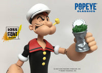 Boss Fight Studio Llc Popeye Classics figure in black sailor shirt with red collar holding silver can with green contents and yellow pipe