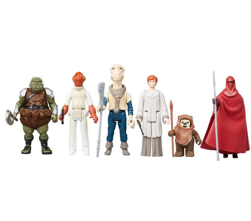 Kenner Star Wars action figure set featuring Emperor's Royal Guard and diverse characters from Return of the Jedi collection