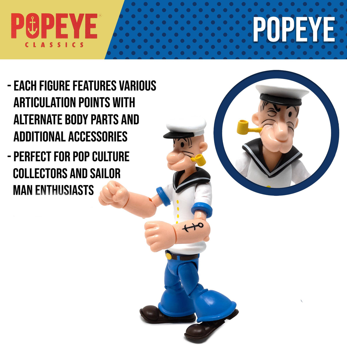 Boss Fight Studio Llc Popeye first appearance figure in white shirt blue pants with sailor hat and pipe in dynamic standing pose