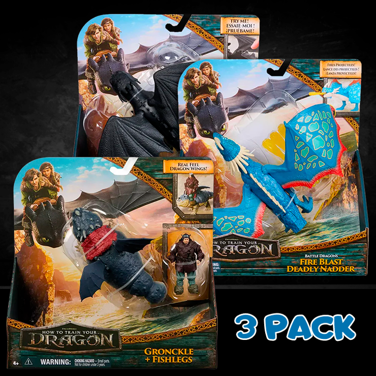 How to Train Your Dragon 3 Pack BUNDLE Toothless, Stormfly and Meatlug with Dragon Riders