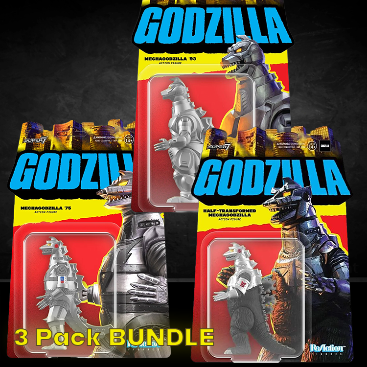 Three Super7 Mechagodzilla 3.75 inch ReAction figures in vintage-style packaging showing character evolution