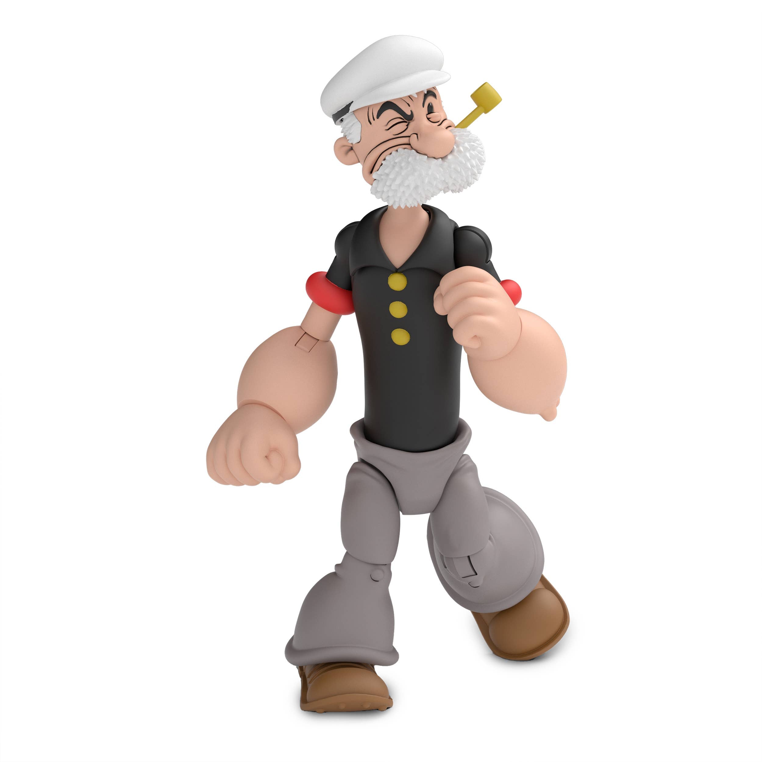 Boss Fight Studio Llc Poopdeck Pappy figure with white sailor hat, gray pants, black shirt, and pipe in walking stance on white background