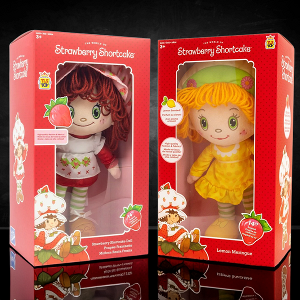 Set of Strawberry Shortcake and Lemon Meringue 14-inch scented rag dolls by Loyal Subjects in colorful red packaging