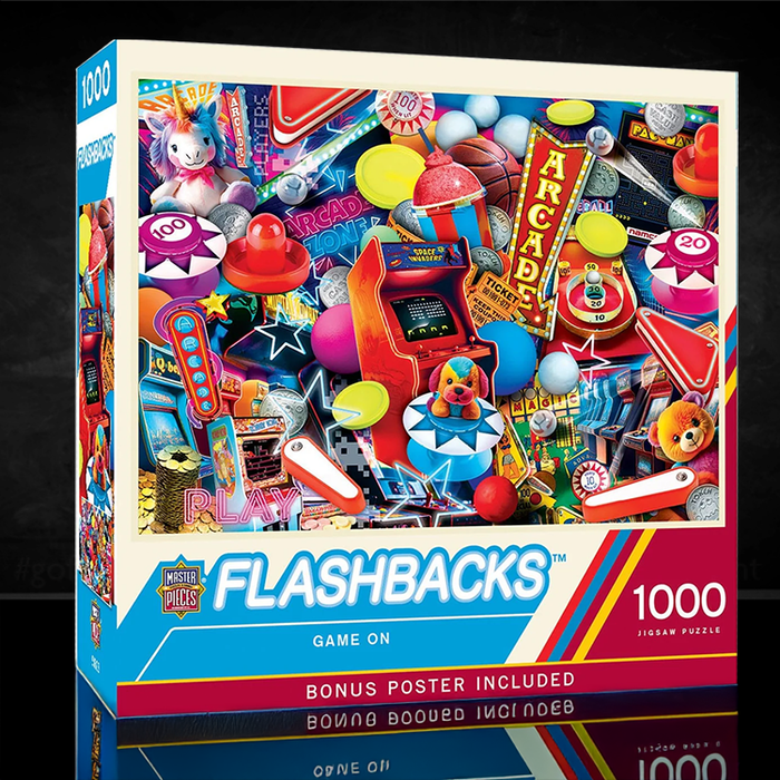 Master Pieces Flashbacks Game On 1000-piece puzzle featuring colorful '90s arcade gaming icons and vibrant design