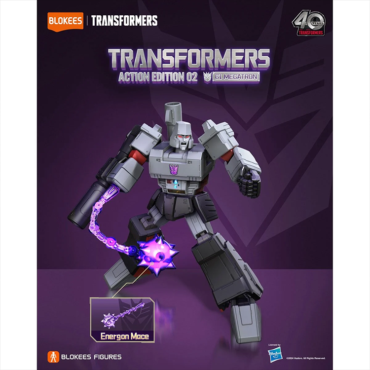 Blokees Transformers Action Edition 02 G1 Megatron figure posed with glowing Energon Mace on purple background
