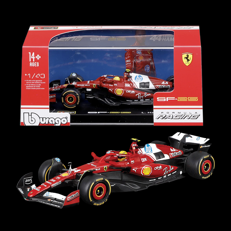 Bburago 1:43 scale Ferrari SF-25 Formula 1 diecast car model with detailed red design and display case for ages 14 and up
