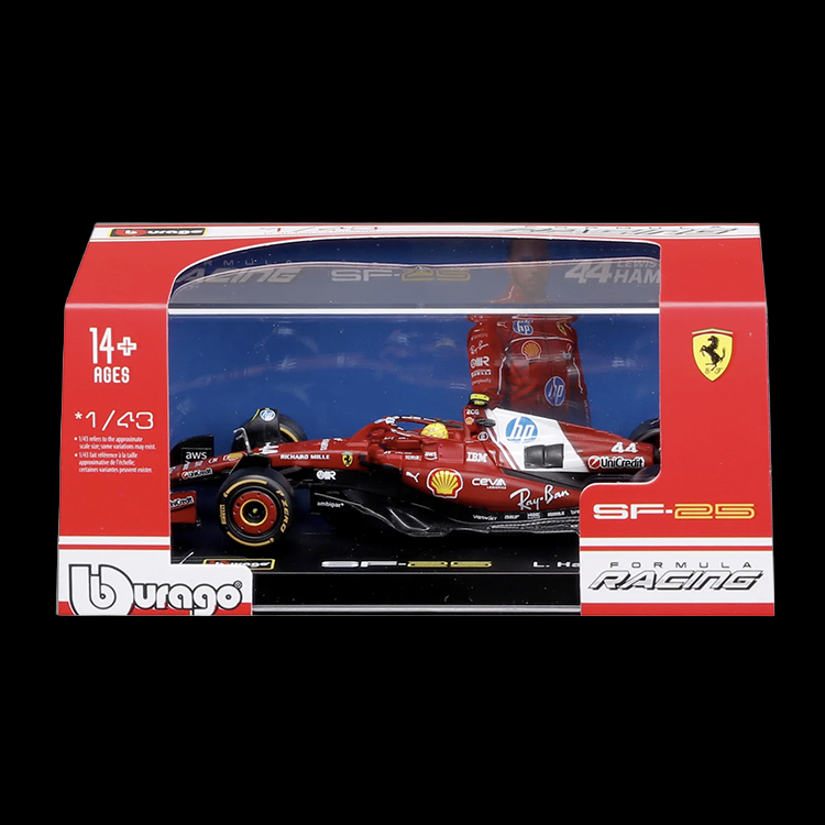 Bburago 1:43 scale Ferrari SF-25 Formula 1 racing car model in red with detailed decals in display packaging