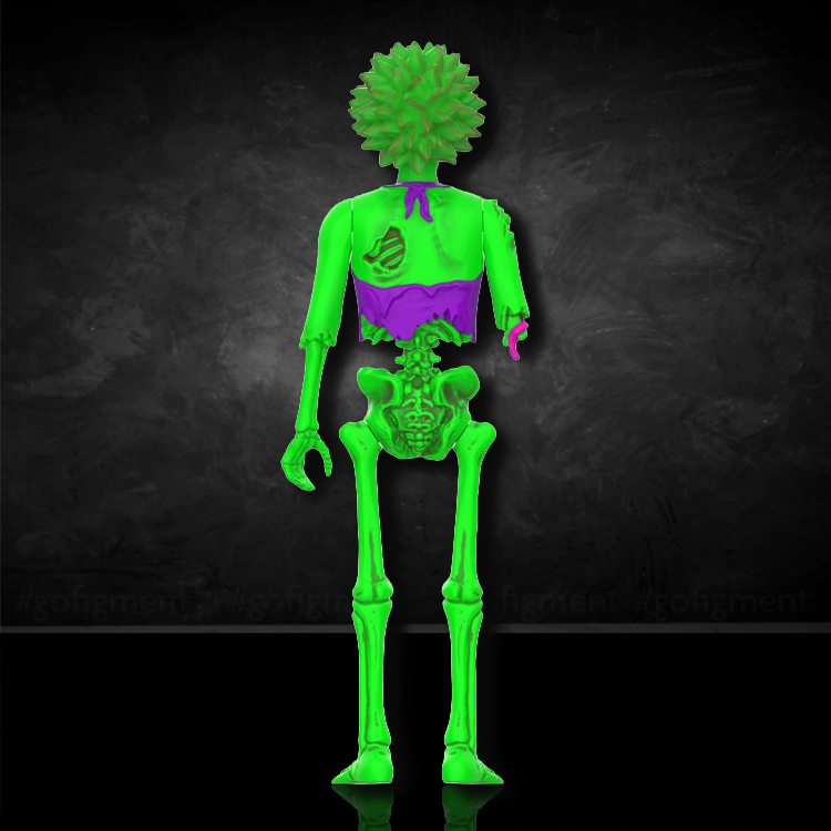 Super7 Blacklight Female Zombie action figure from Return of the Living Dead showing green skeletal back view