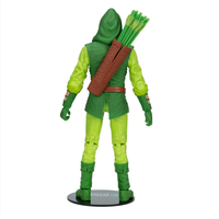 Green Arrow 7-inch action figure by McFarlane Toys with green outfit, hood, and quiver of arrows shown from the back