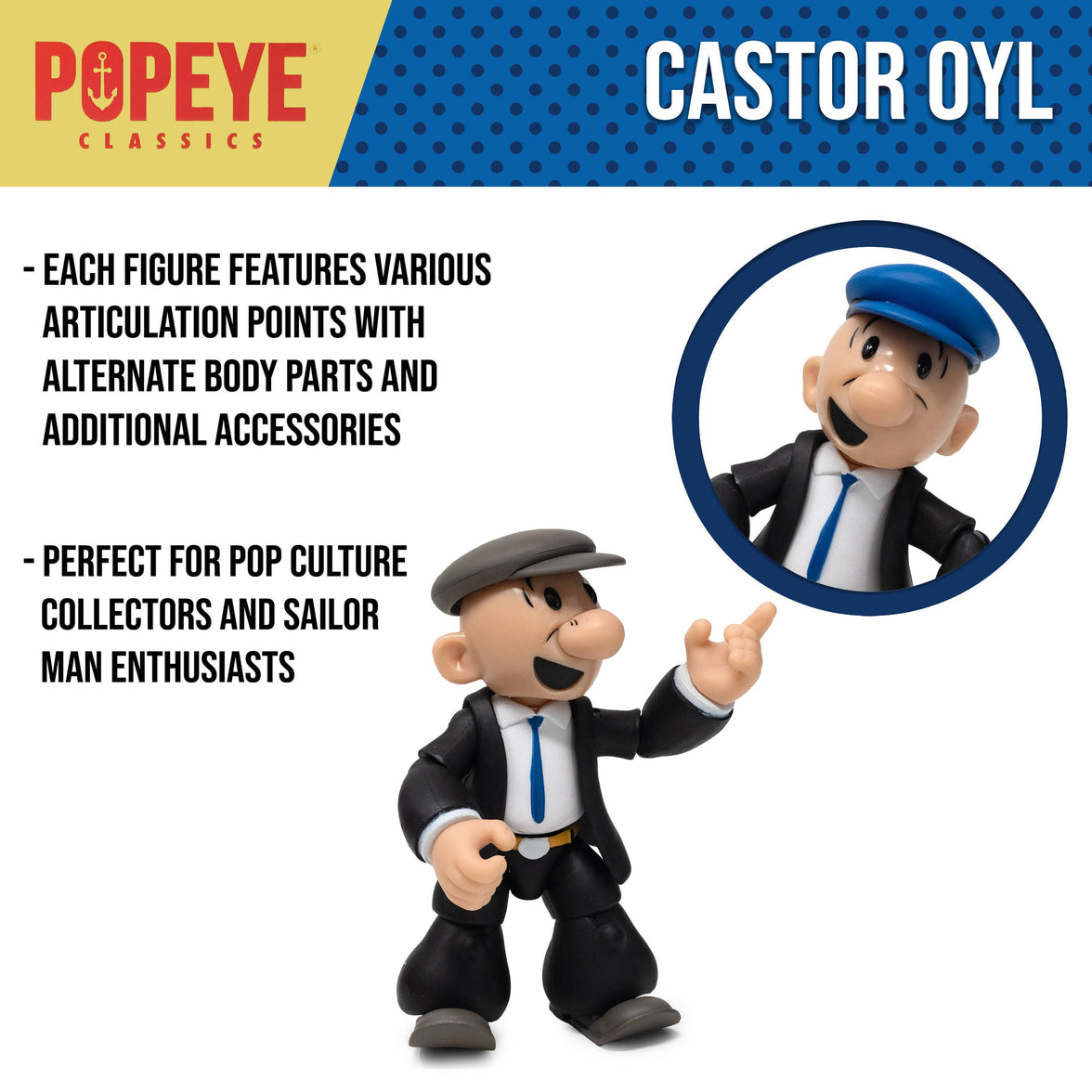Boss Fight Studio Llc Castor Oyl figure with blue hat head accessory on white background with text details