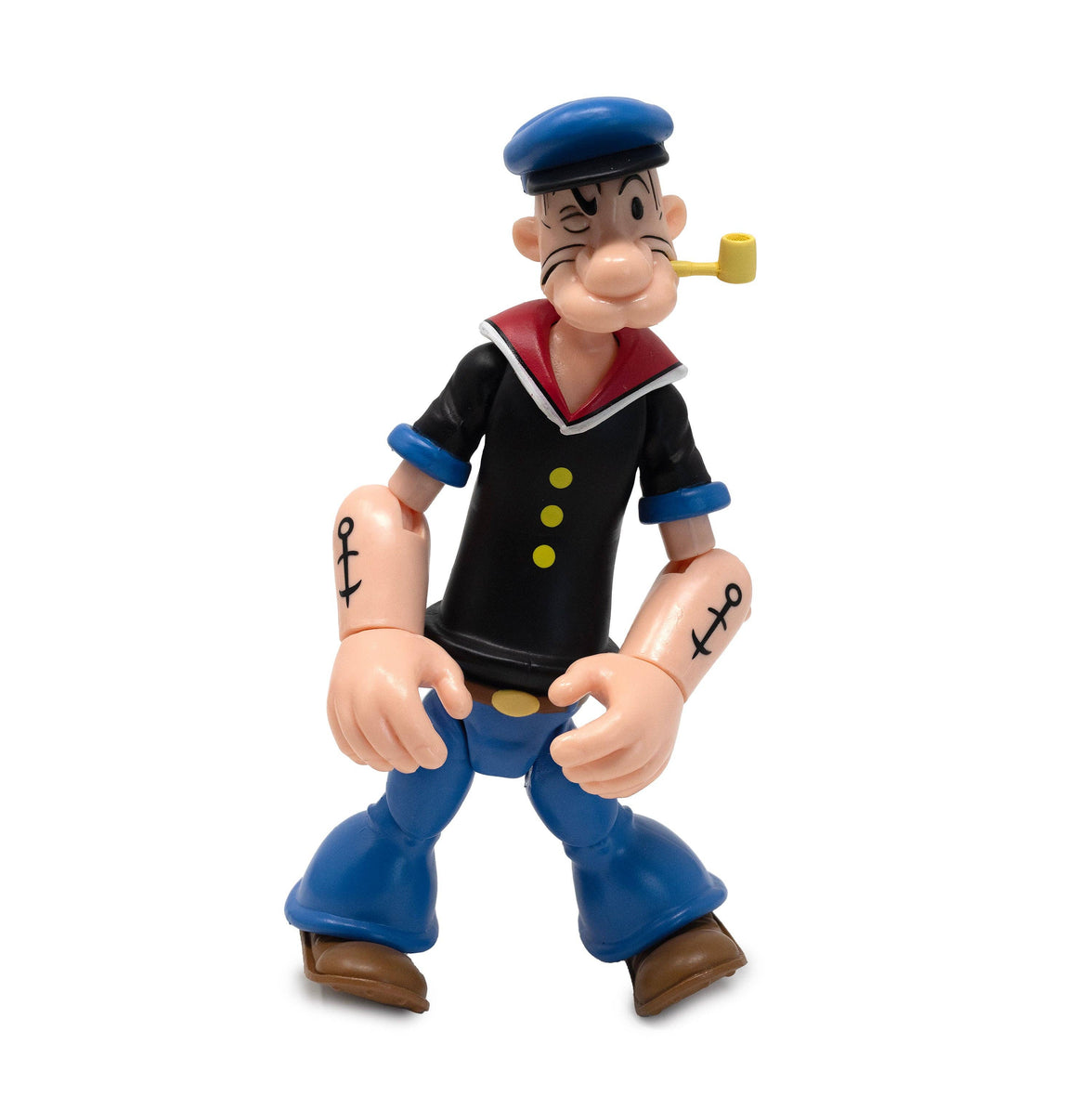 Boss Fight Studio Llc Popeye action figure in black shirt blue pants with sailor hat and pipe in winking pose on white background