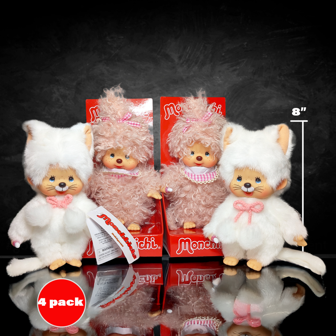 Monchhichi Fluffy Pink and White Cat BUNDLE of 4 Plush 8" Monkey by Sekiguchi with detailed costumes and soft fur