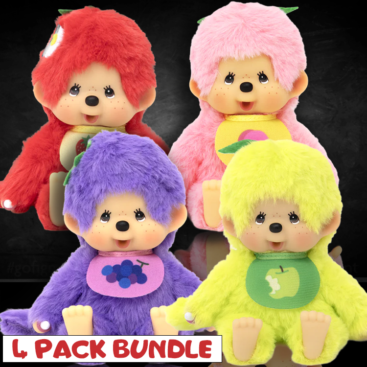 Sekiguchi Monchhichi plush bundle featuring Strawberry Red, Peach Pink, Grape Purple, and Apple Green fruit-themed monkeys.