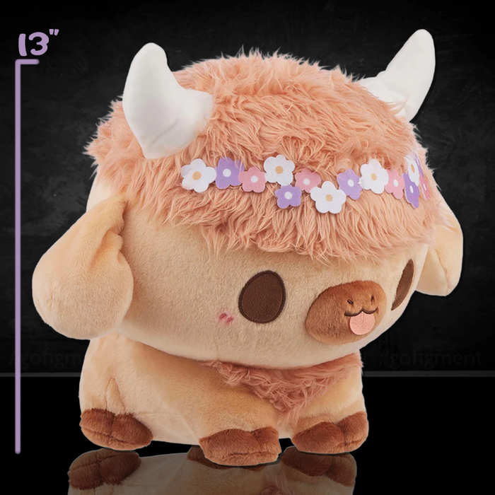 Birduyen 13-inch Summer Highland Cow plush with fluffy light brown fur and floral headband close-up view