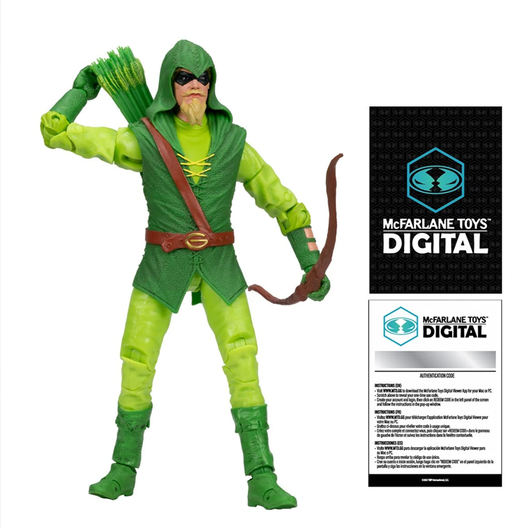 Green Arrow 7-inch action figure by McFarlane Toys in green hooded outfit with bow and quiver of arrows
