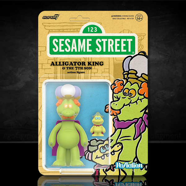 Sesame Street Alligator King and 7th Son action figure set by Super7 in retro style packaging with character illustration