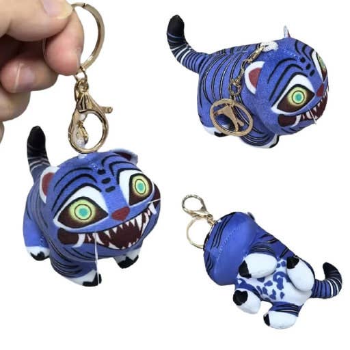 K-Wonderland K-Pop Hunters plush tiger keyring in deep blue with detailed stripes and glowing green eyes clasp attached