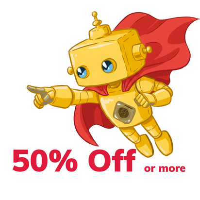 Cartoon yellow robot superhero flying with a red cape and text reading 50 percent off or more