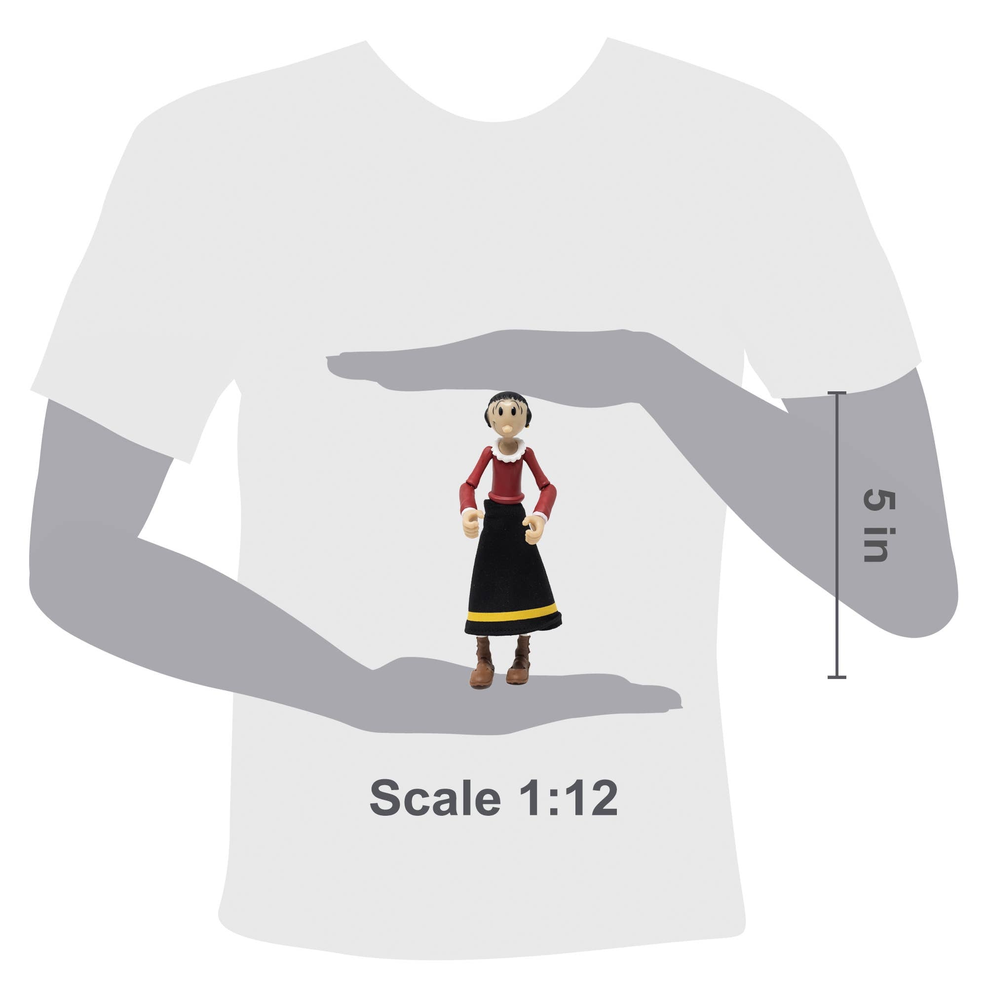 Boss Fight Studio Llc Olive Oyl figure wearing red top and black skirt with yellow stripe shown in hand for scale