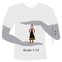 Boss Fight Studio Llc Olive Oyl figure wearing red top and black skirt with yellow stripe shown in hand for scale