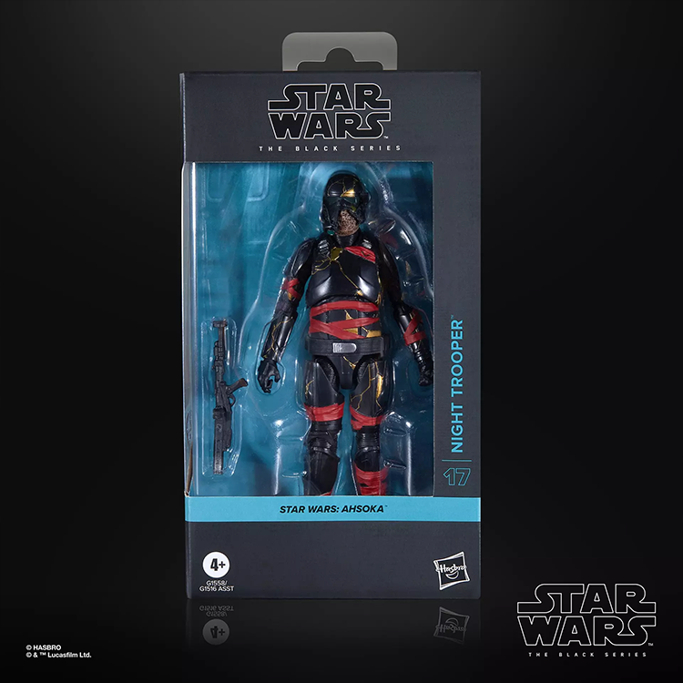 Star Wars Black Series Night Trooper action figure with blaster in packaging by Hasbro, inspired by Ahsoka series