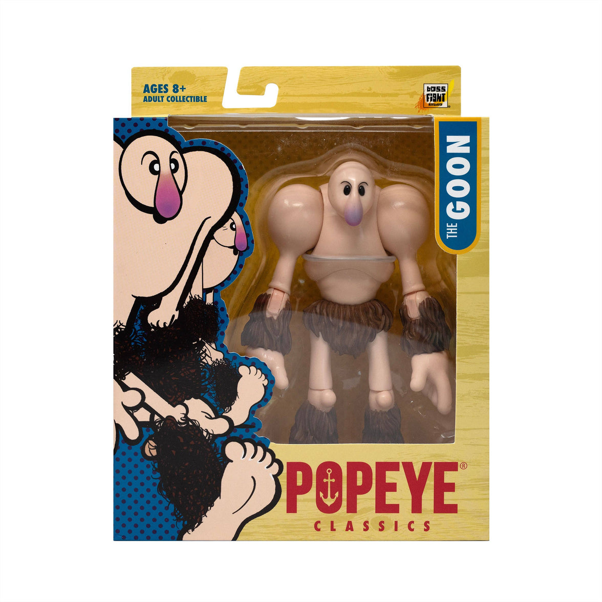 Boss Fight Studio Llc The Goon Popeye Classics action figure with muscular arms and fur accessories in yellow packaging on white background
