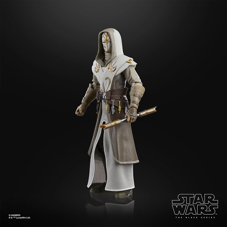 Hasbro Star Wars Black Series Jedi Temple Guard action figure holding double lightsaber in detailed robes on black background