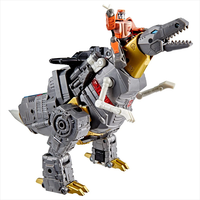 Leader Class Dinobot Grimlock transforming into T-Rex with Wheelie figure, detailed collectible by Hasbro.