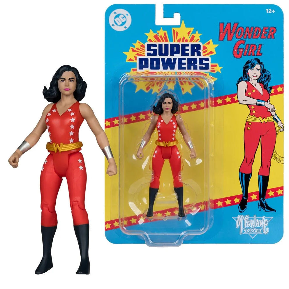 Wonder Girl action figure in a red costume beside Super Powers packaging and character artwork