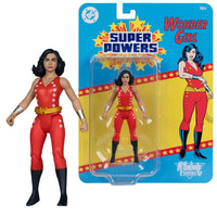 Wonder Girl action figure in a red costume beside Super Powers packaging and character artwork