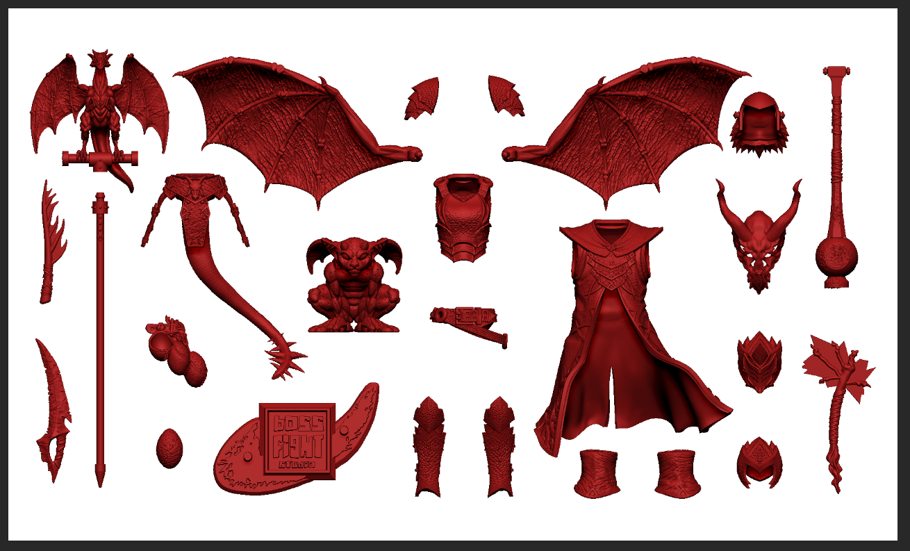 Red sculpted parts for assembling fantasy character with wings, armor, and weapons from Action Figures and Collectibles by Boss Fight Studio - CHARACTER BUILDER KITS