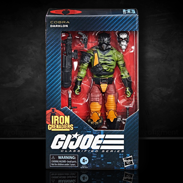 G.I. Joe Classified Series Darklon 6-inch action figure by Hasbro in packaging with accessories and Cobra logo background