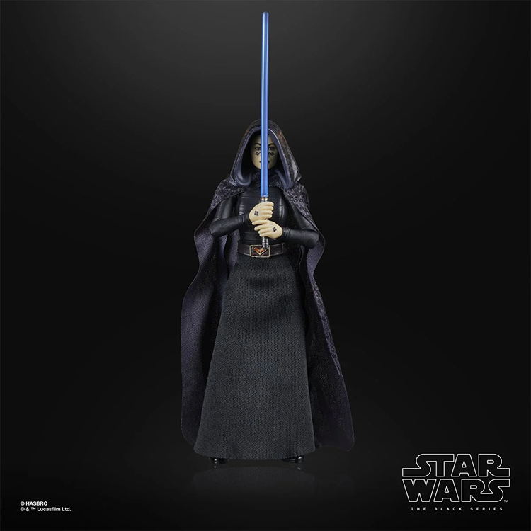 Hasbro Star Wars Black Series Barriss Offee 6-inch action figure with blue lightsaber and dark hooded cloak on black background