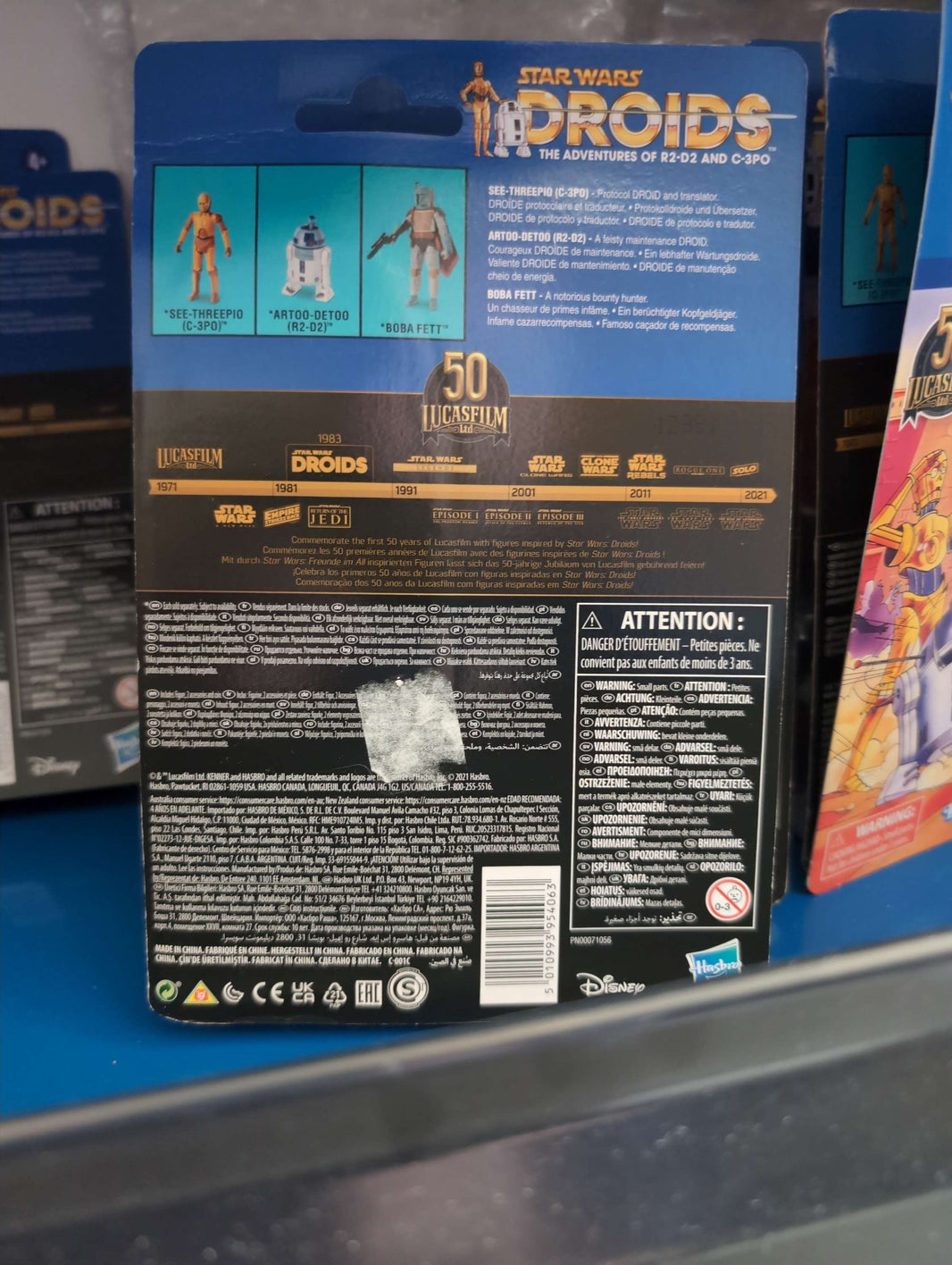 Boba Fett Star Wars Droids Action Figure 50th Anniversary packaging back view by Hasbro.
