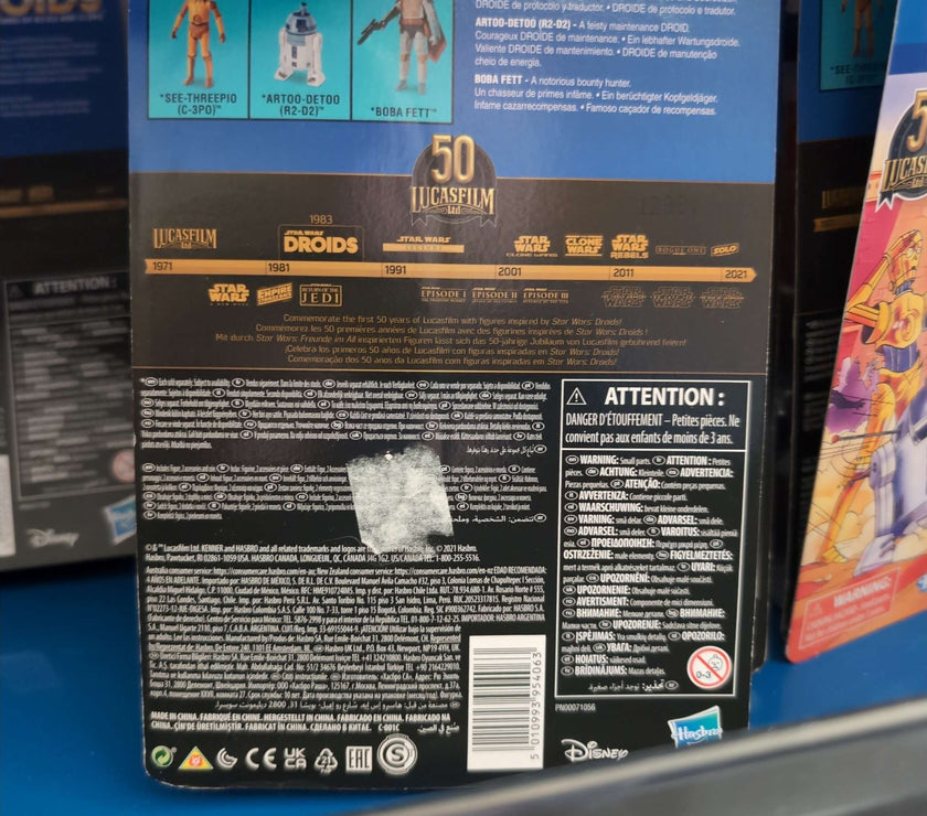 Boba Fett Star Wars Droids Action Figure 50th Anniversary packaging back view by Hasbro