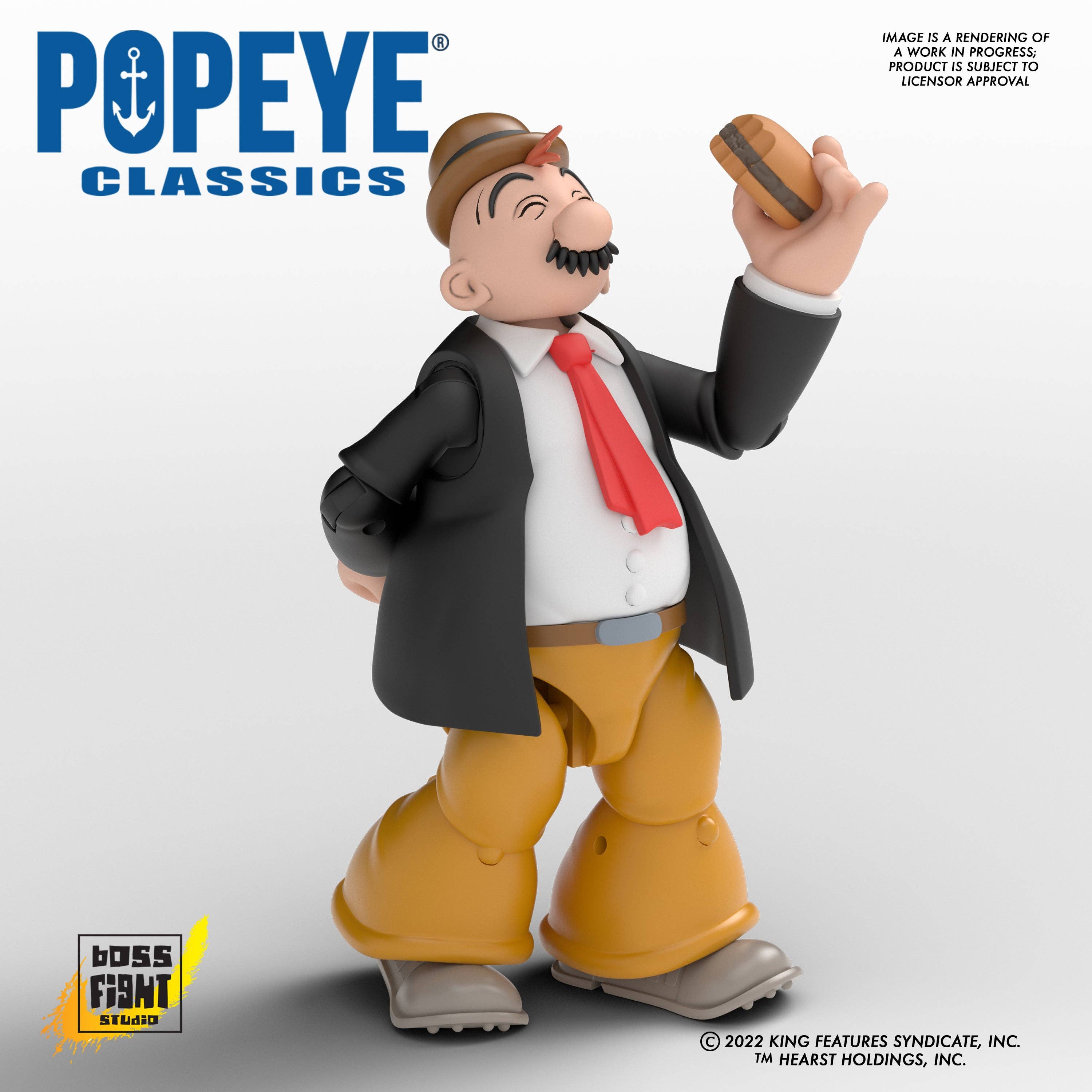 Boss Fight Studio Llc J. Wellington Wimpy figure wearing brown pants, black jacket, white shirt, and red tie holding a hamburger accessory