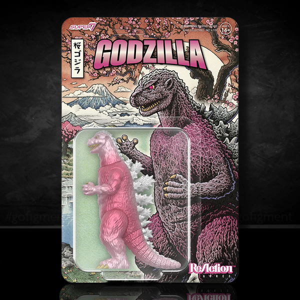 Godzilla Cherry Blossom Festival ReAction figure in blister pack with pink design and Super7 logo on illustrated card back