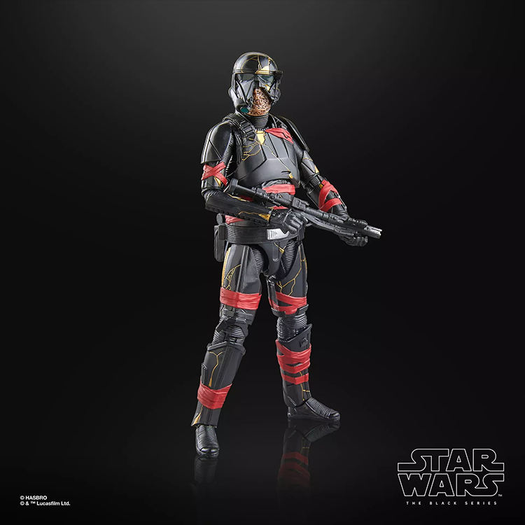 Star Wars Black Series Night Trooper action figure with detailed armor and weathered design by Hasbro on black background