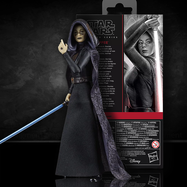 Hasbro Star Wars Black Series Barriss Offee 6-inch action figure with blue lightsaber and detailed robe in packaging background