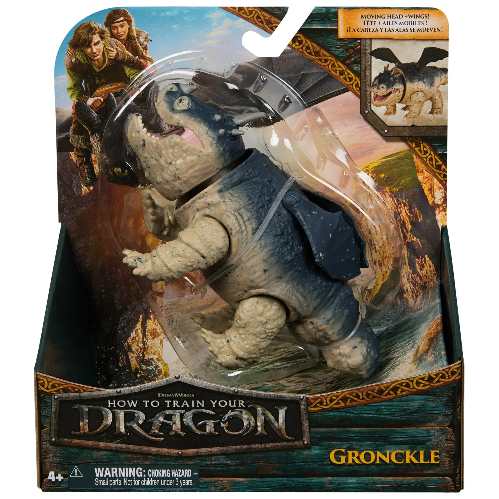 Spin Master How to Train Your Dragon Gronckle action figure with movable wings and bobblehead feature in packaging.