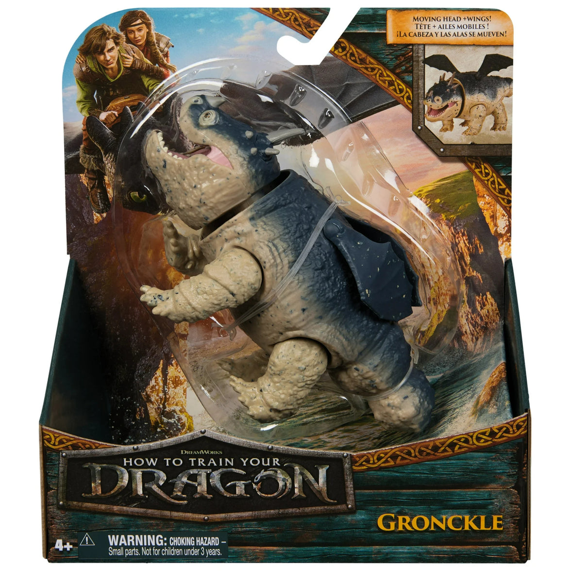 Spin Master How to Train Your Dragon Gronckle action figure with movable wings and bobblehead feature in packaging.