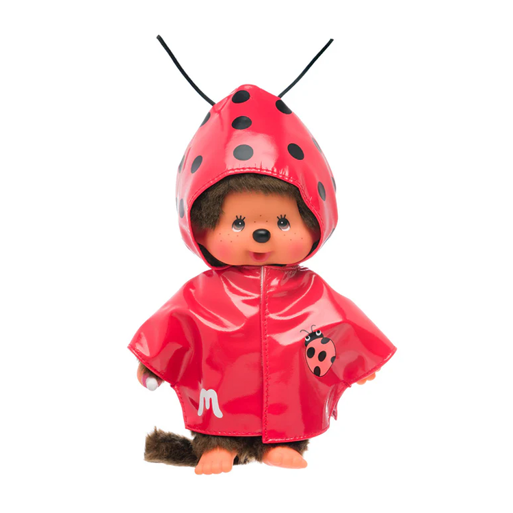 Official Sekiguchi 8-inch Monchhichi Girl doll in a Ladybug coat costume, often searched as a Monchichi ladybug plush.