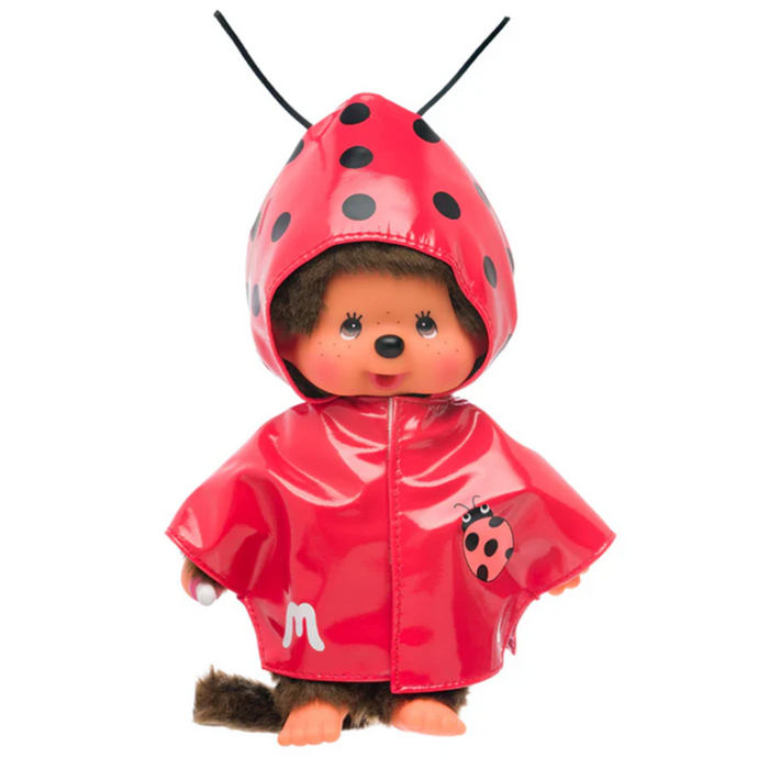 Official Sekiguchi 8-inch Monchhichi Girl doll in a Ladybug coat costume, often searched as a Monchichi ladybug plush.