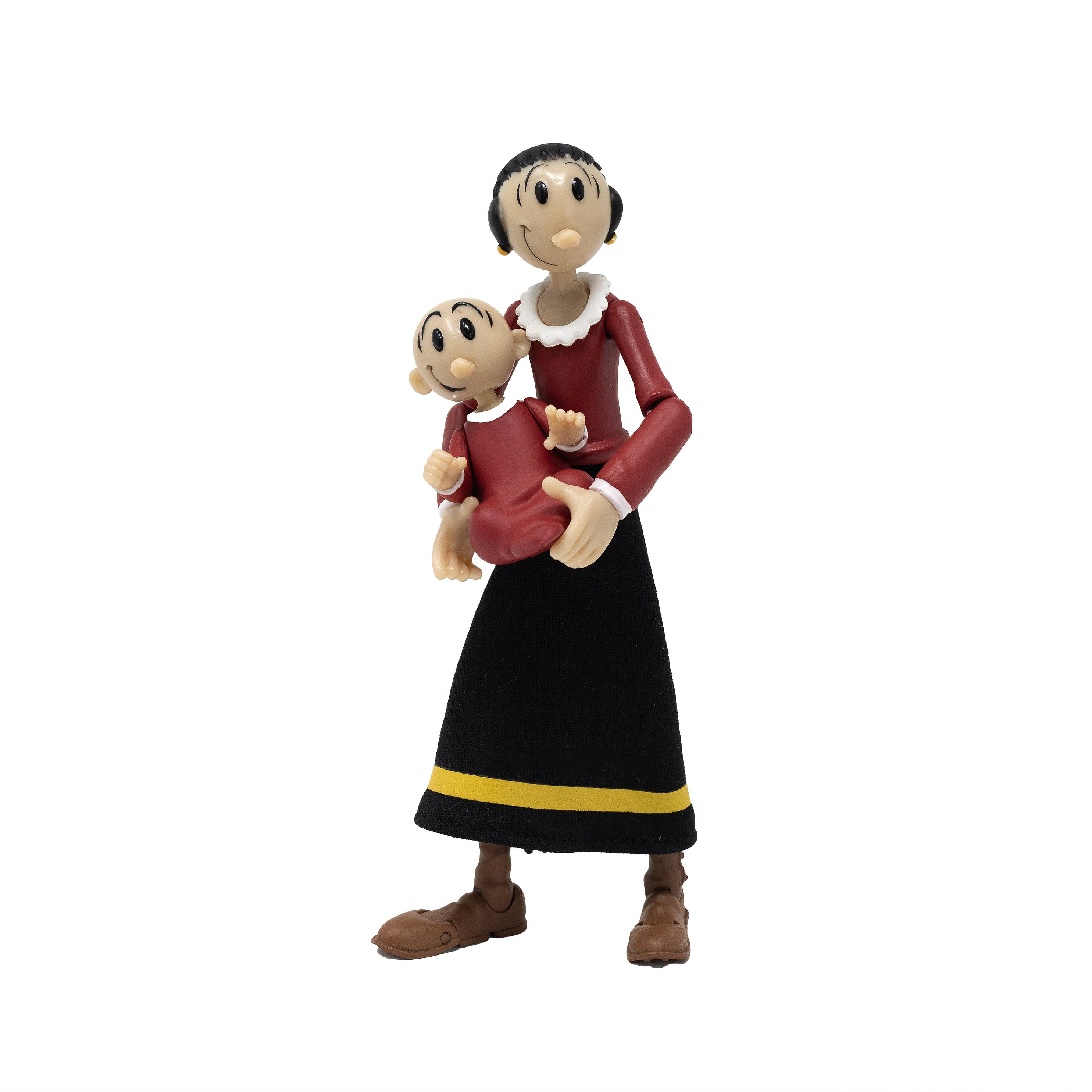 Boss Fight Studio Llc Olive Oyl figure in red top and black skirt holding Sweat Pea figure on white background