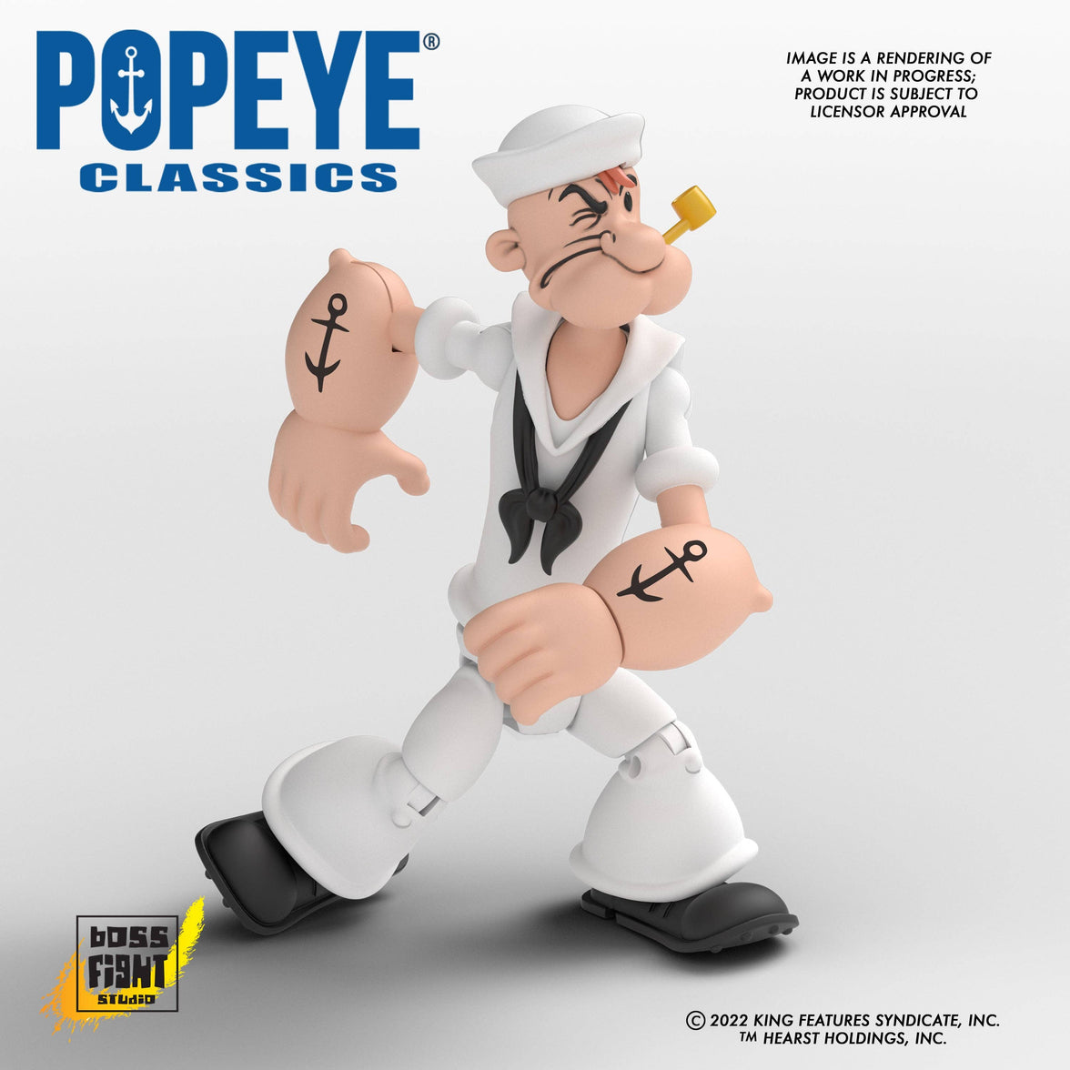 Boss Fight Studio Llc Popeye Classics figure in all white sailor suit with pipe and anchor tattoos on forearms posing dynamically
