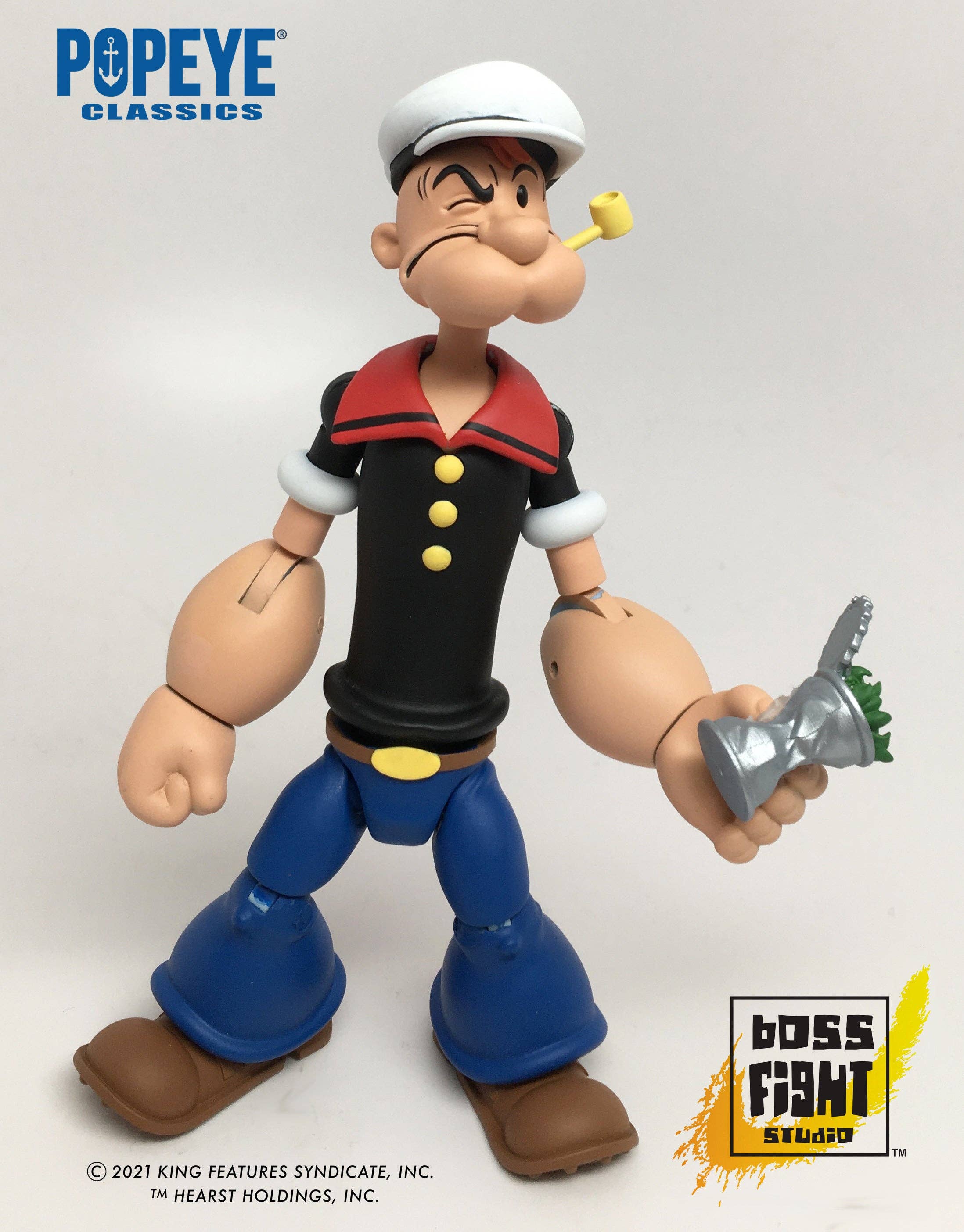 Boss Fight Studio Llc Popeye Classics figure in sailor hat and black shirt holding silver spinach can with pipe in mouth