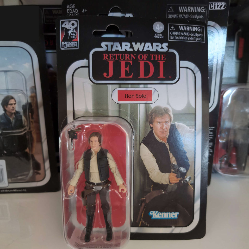 Han Solo Star Wars Vintage Collection ROTJ action figure in packaging with 40th anniversary logo by Hasbro