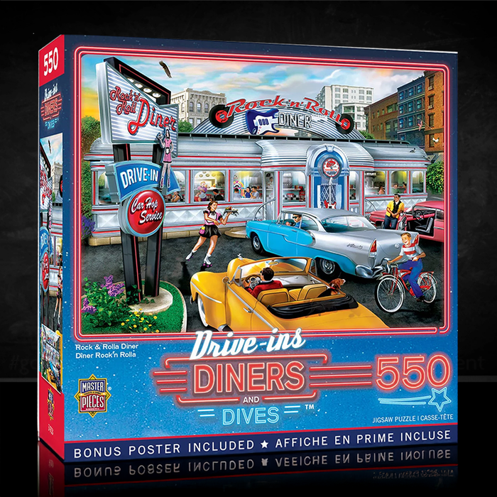 Master Pieces 550-piece Drive-Ins Diners and Dives Rock n Rolla diner jigsaw puzzle box front view