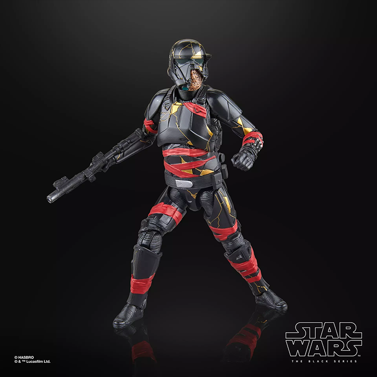 Hasbro Star Wars Black Series Night Trooper figure with detailed armor, red bandages, and zombie jaw from Ahsoka series